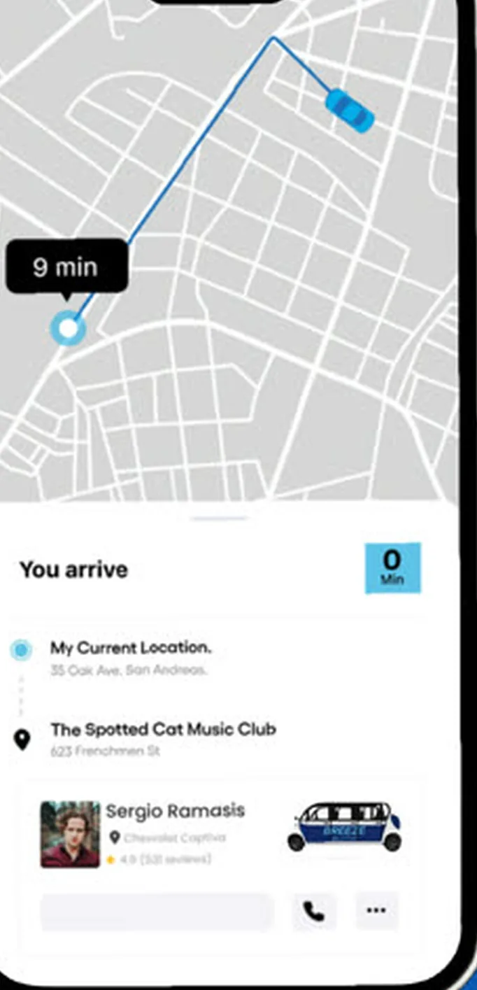 Breeze app live-tracking screen with driver, vehicle, and ETA
