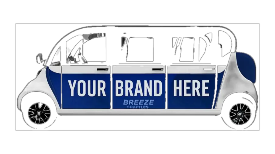 Breeze GEM shuttle with a Your Brand Here wrap, rotating 360 degrees